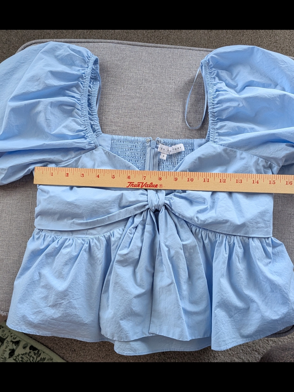 English Factory Light Blue Cropped Bow Peplum Top With Sweetheart Neckline - Picture 10 of 10